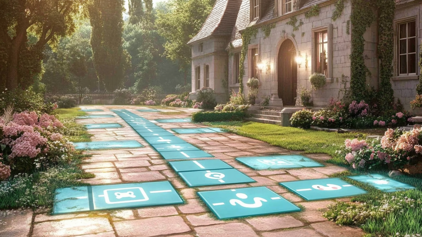 Pathway to Jacob's House with glowing tiles leading to a radiant home
