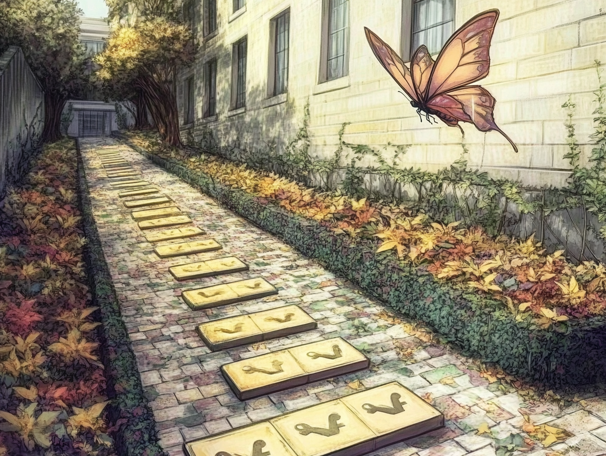 Measurable Outcomes: A glowing pathway with milestone markers and thriving residents