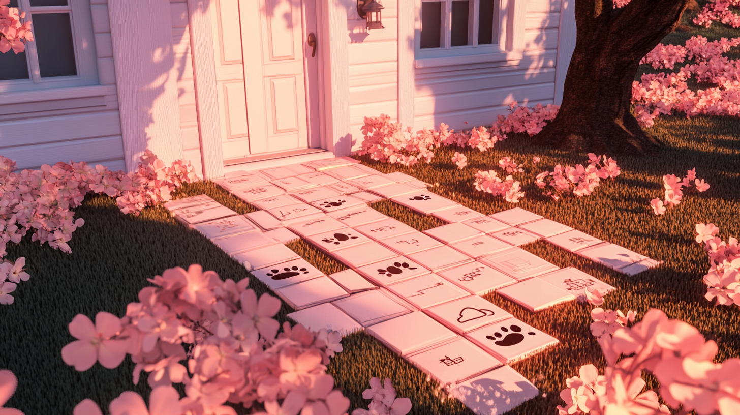 Transition Housing: A cozy home with glowing tiles and blooming flowers, symbolizing new beginnings