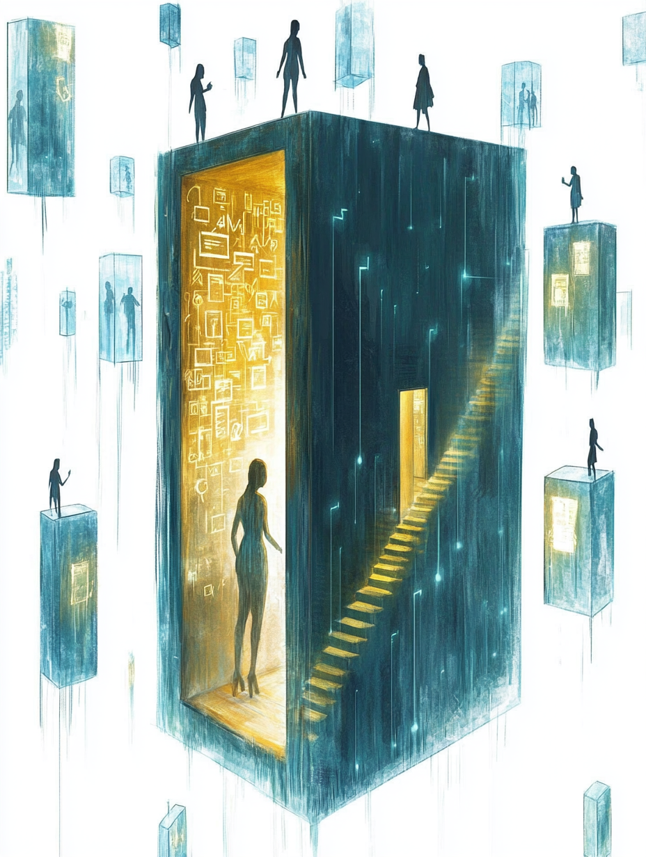 A glowing LinkedIn profile towering above a mystical landscape, symbolizing professional growth