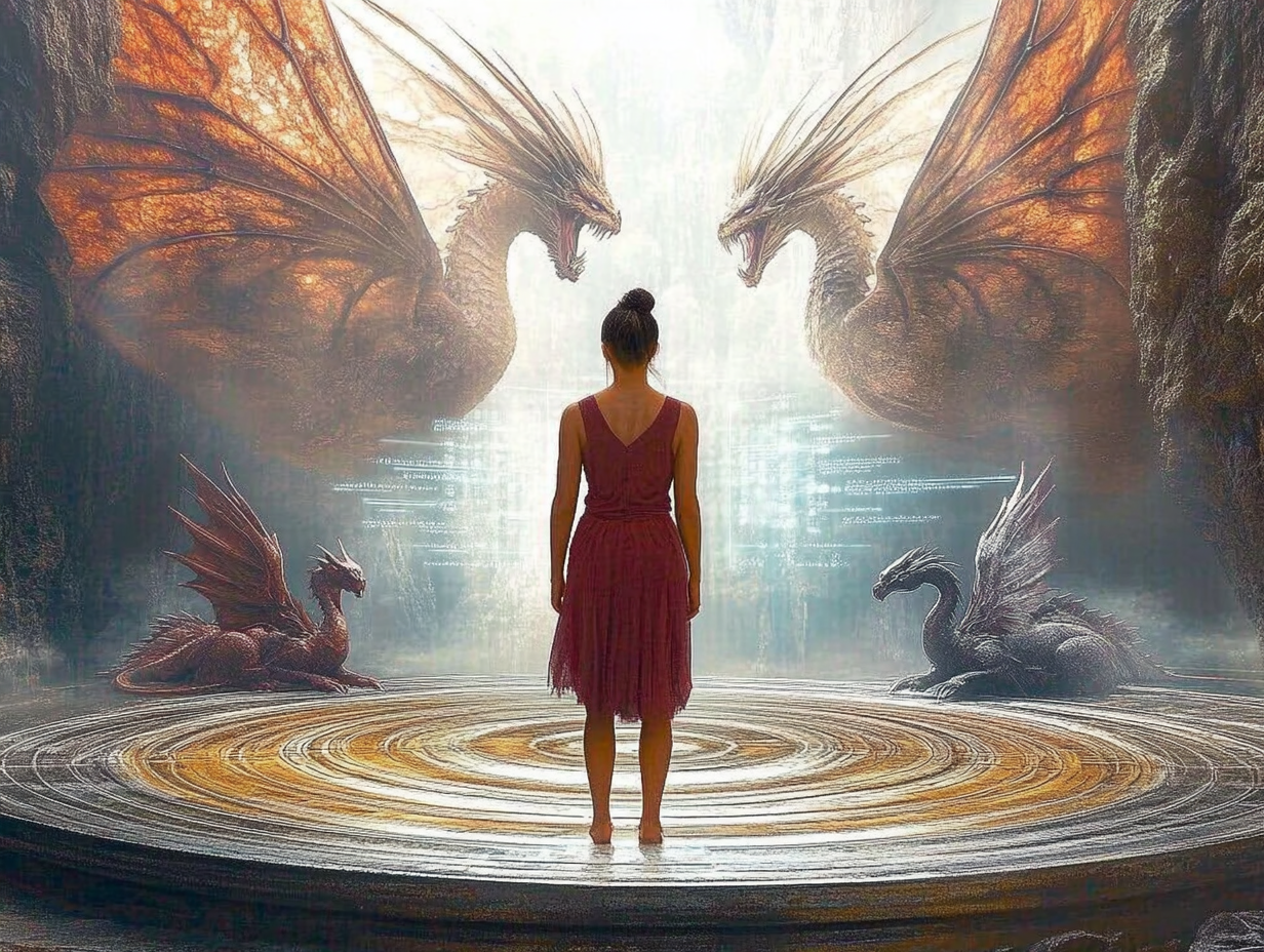 A glowing stage where candidates present their skills to a panel of mythical creatures, symbolizing professional preparation