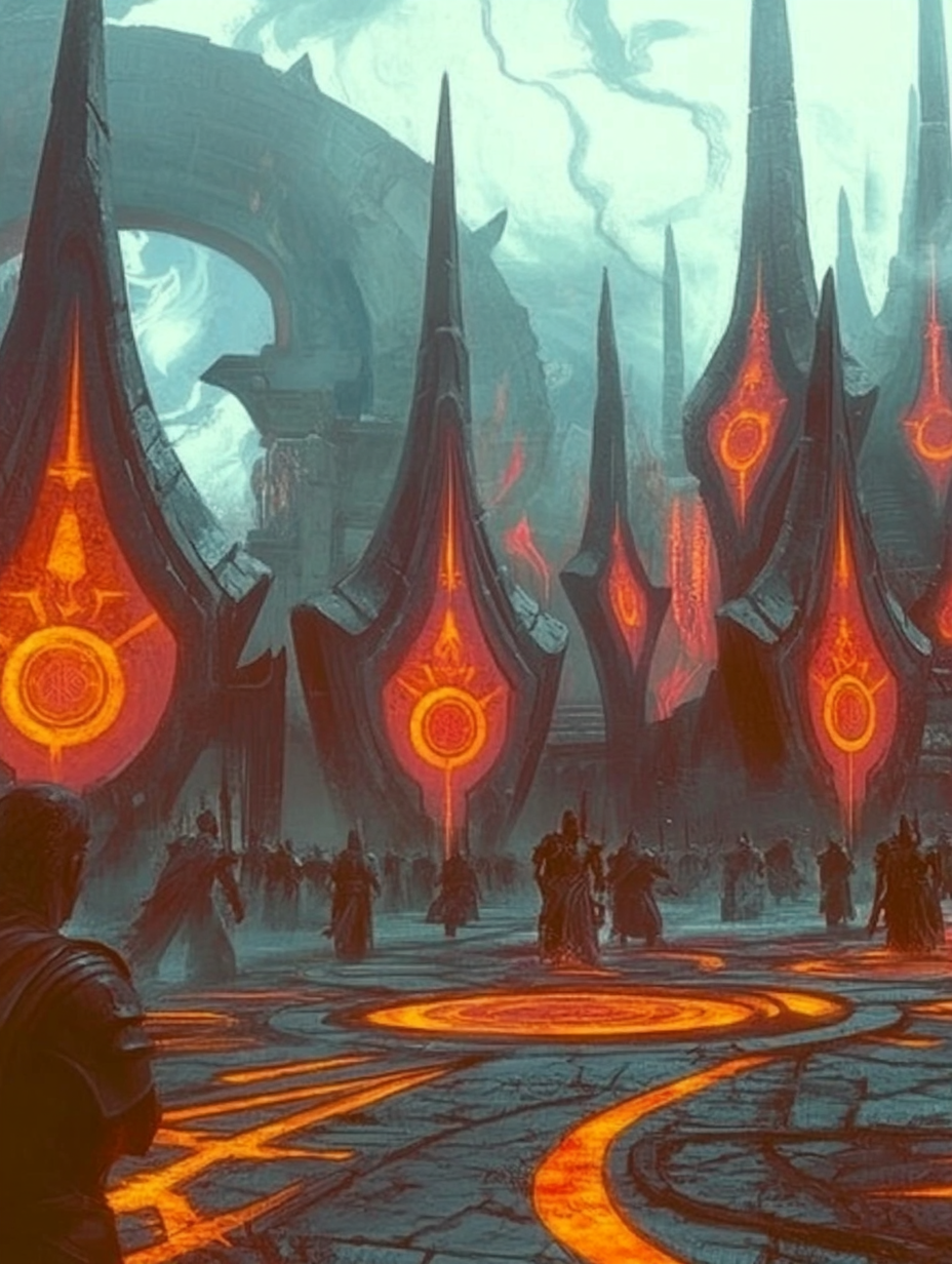 A horde of professionals unified under glowing glyph banners, symbolizing collective career success