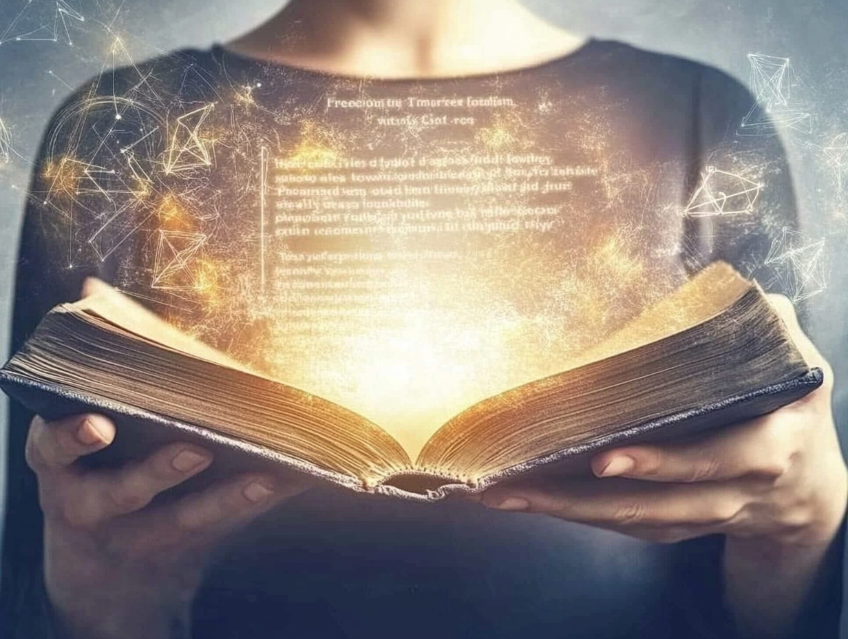 A professional holding an enchanted resume glowing with amber and white energy. Behind them, faint glyphs float in a slate-grey gradient background, symbolizing transformation and newfound confidence in their career journey.