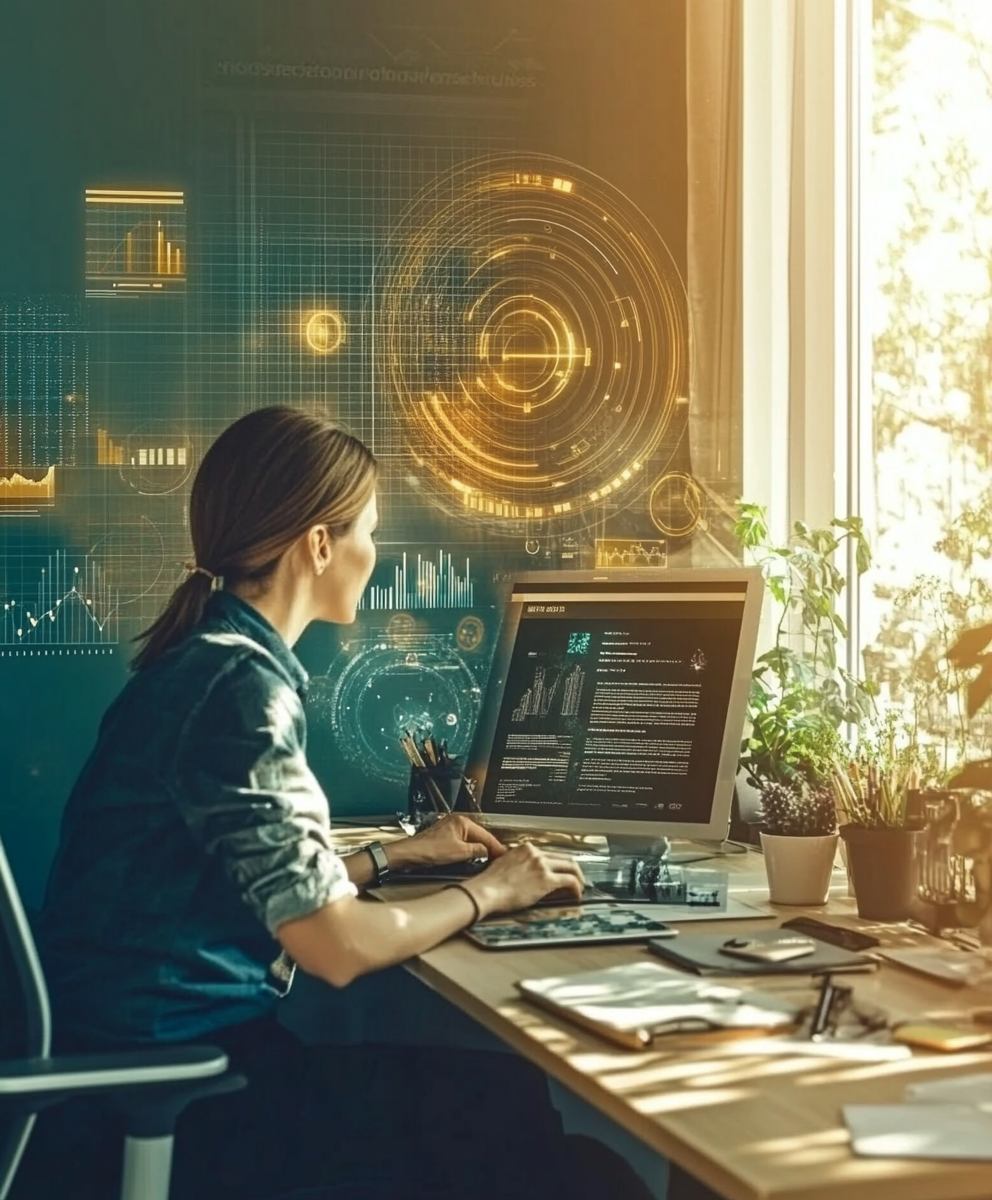 A professional sitting at a desk with glowing tools, symbolizing clarity and confidence in their career goals