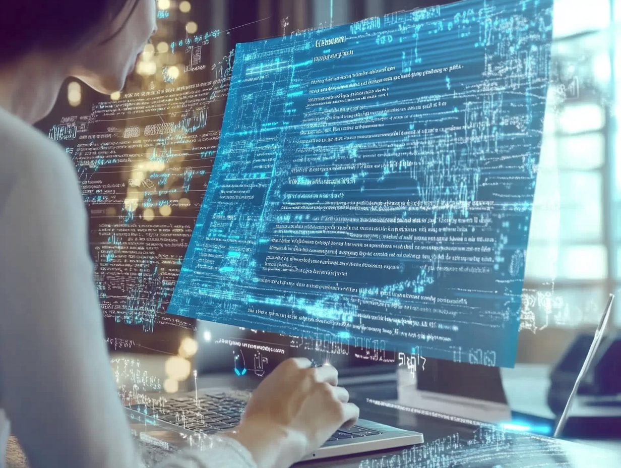 A glowing resume surrounded by digital glyphs, symbolizing ATS-friendly optimization and standout design